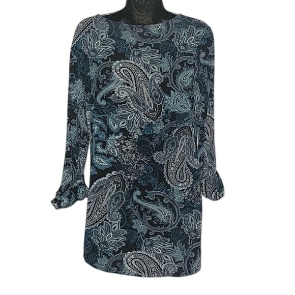 Roz & Ali Paisley Print Long‎ Sleeve Tunic Top M Blue/Teal Stretchy Rayon Blend - Picture 4 of 6